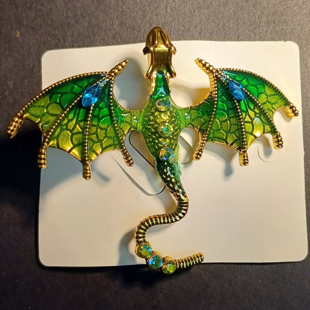 NWT Dragon Flying Pteradactyl Pin Brooch Fashion Jewelry GREEN/YELLOW Halloween